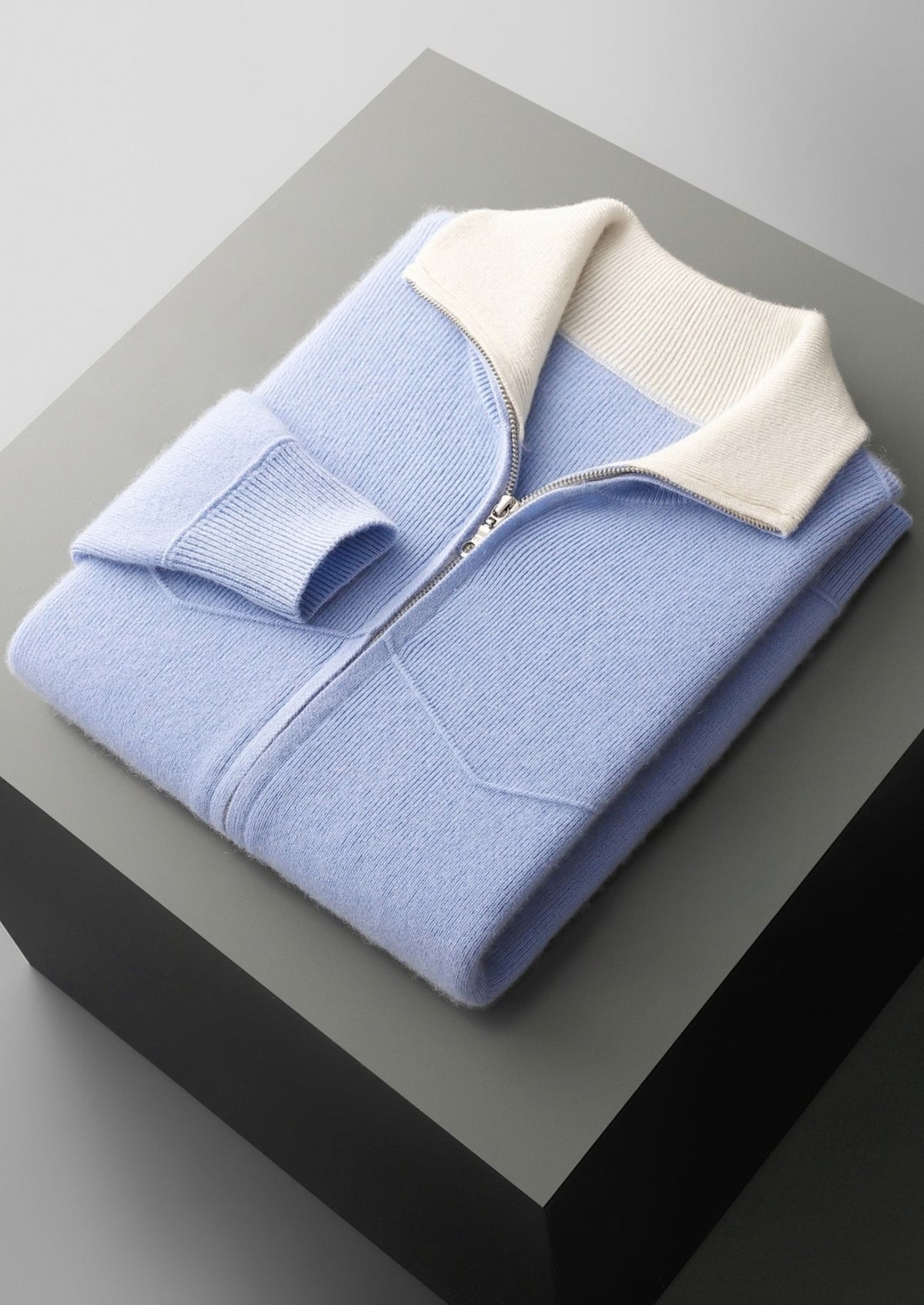 Pure Extra-Fine Merino Wool Two-Tone Funnel Neck Cardigan
