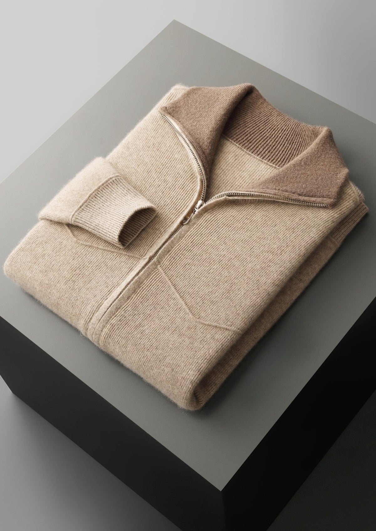 Pure Extra-Fine Merino Wool Two-Tone Funnel Neck Cardigan