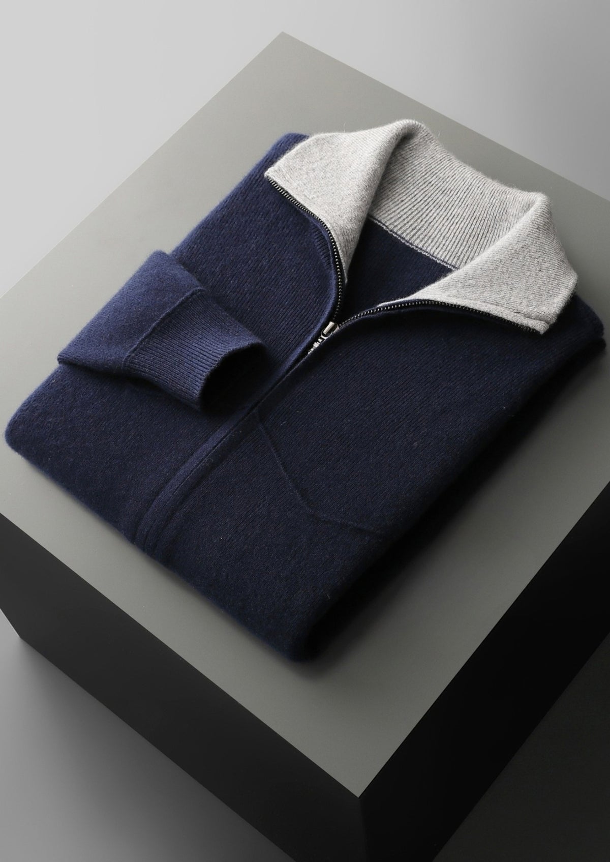 Pure Extra-Fine Merino Wool Two-Tone Funnel Neck Cardigan