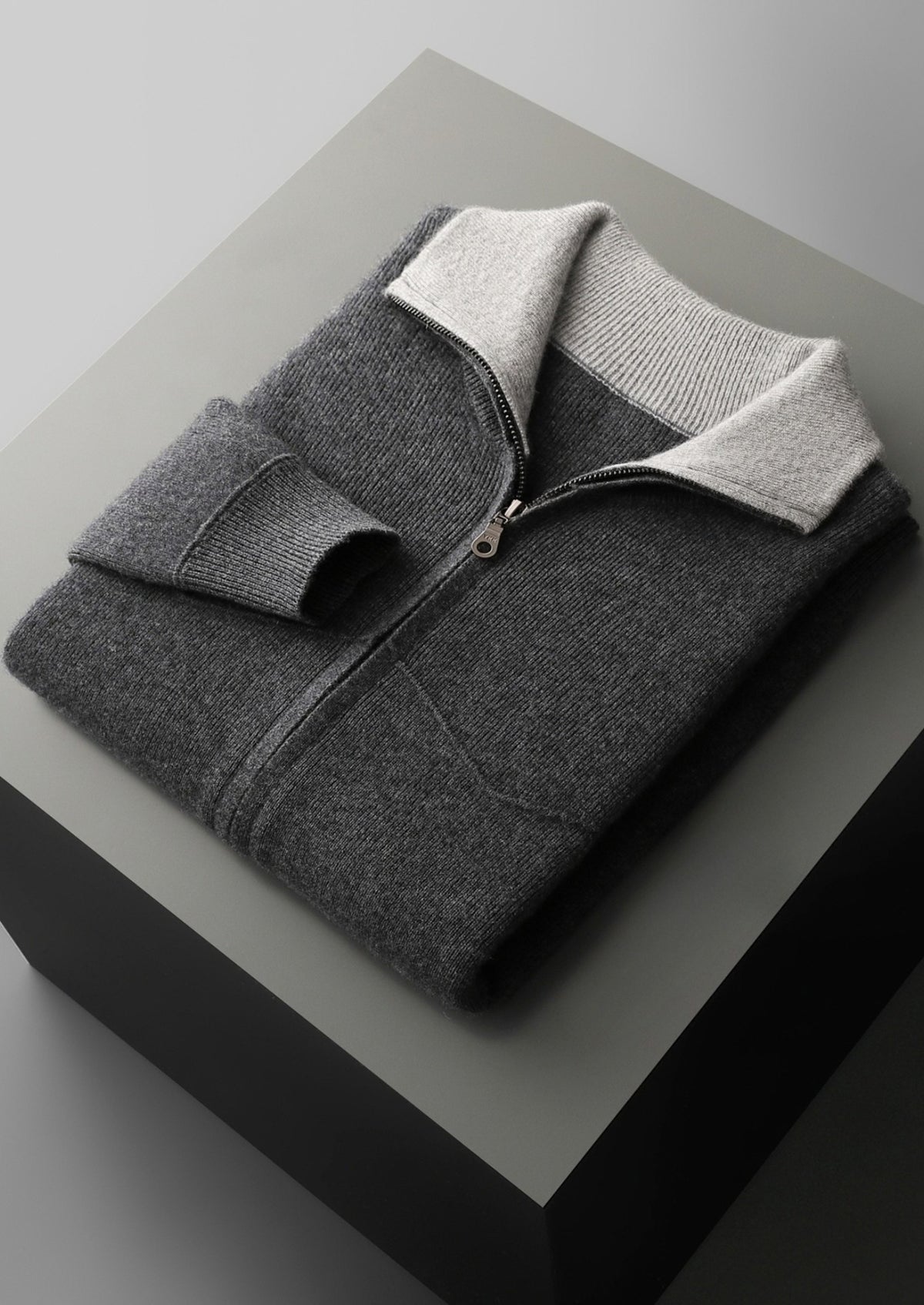 Pure Extra-Fine Merino Wool Two-Tone Funnel Neck Cardigan