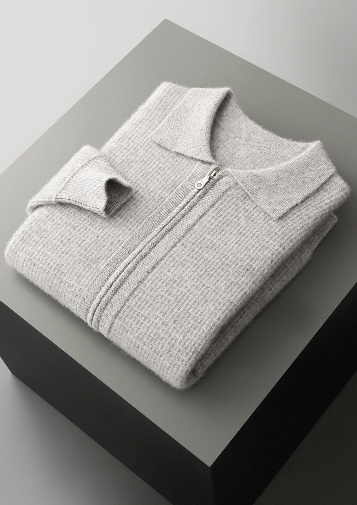 Pure Extra-Fine Merino Wool Textured Zip Polo Cardigan