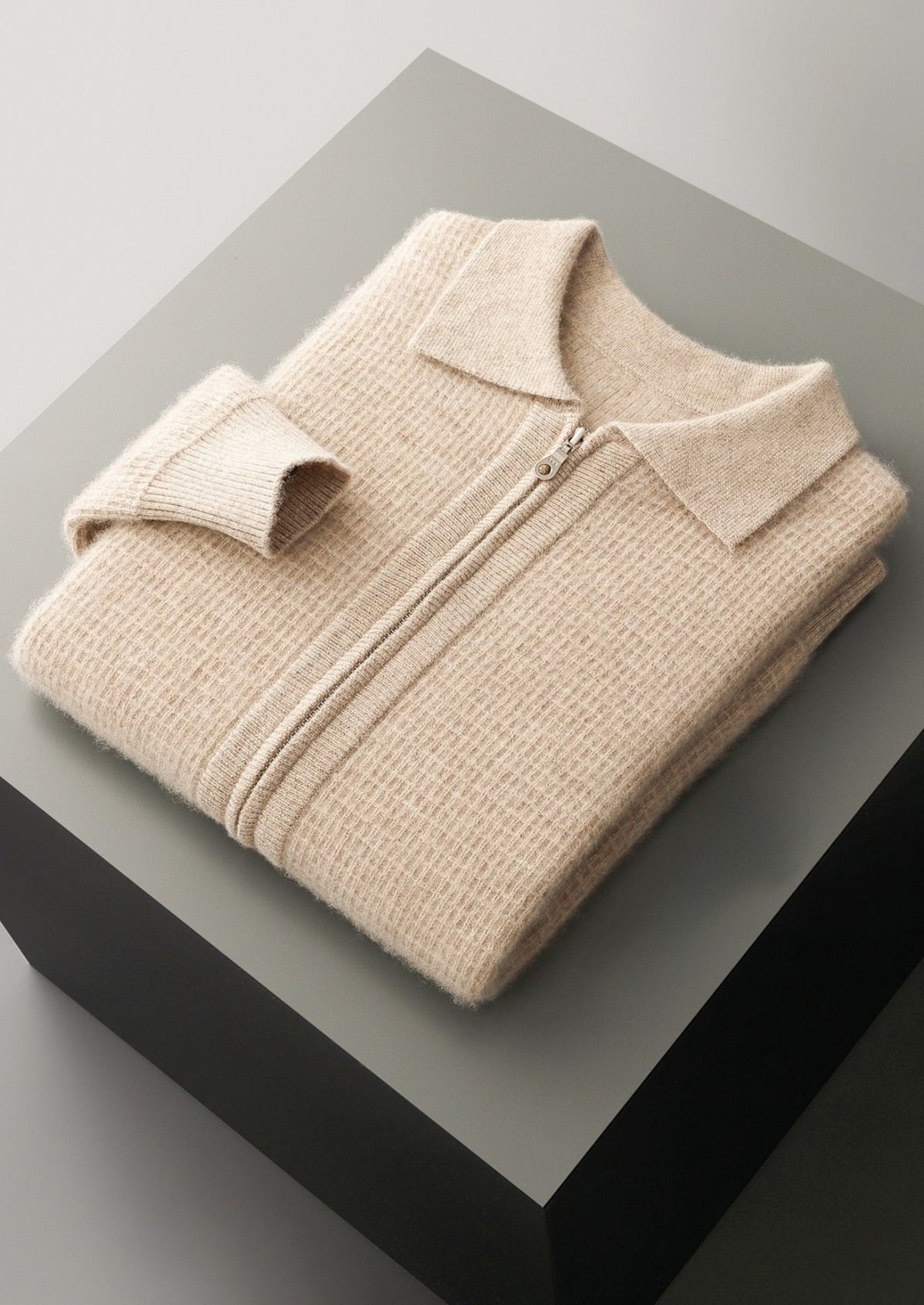 Pure Extra-Fine Merino Wool Textured Zip Polo Cardigan
