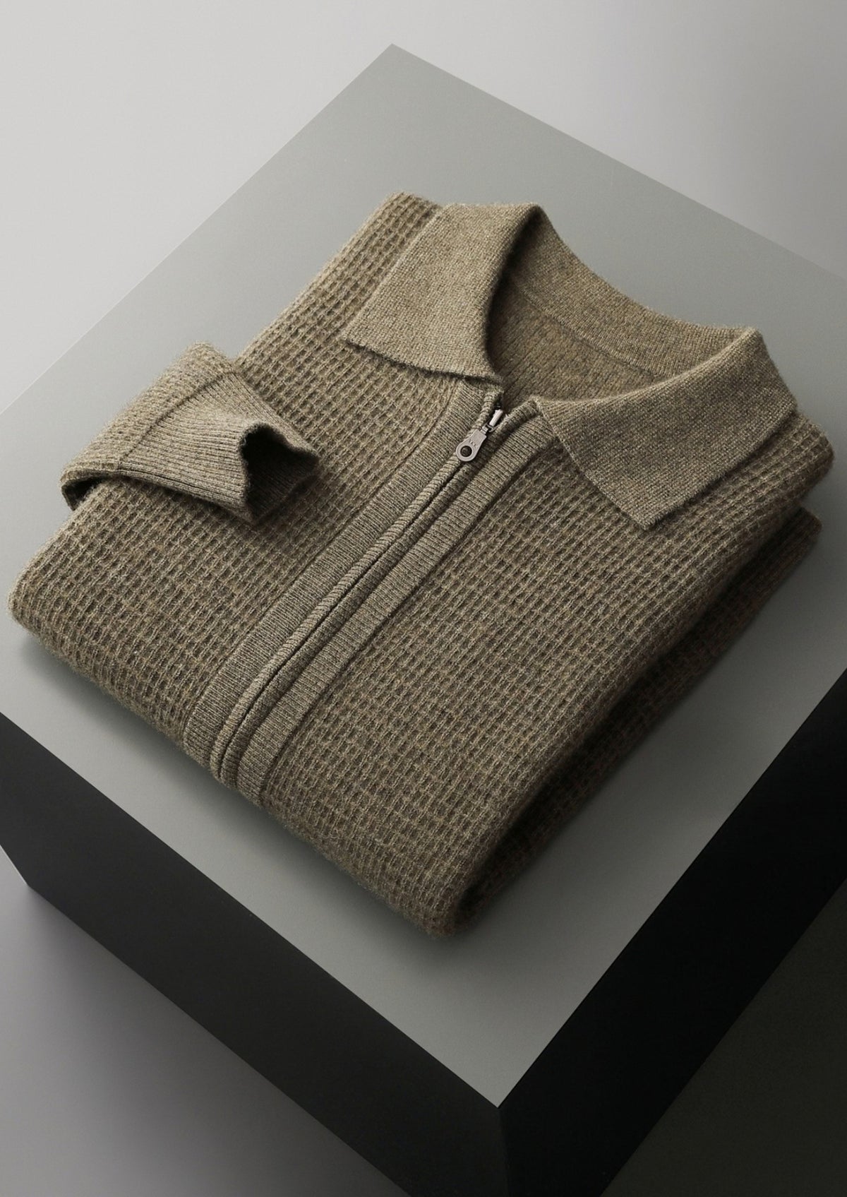 Pure Extra-Fine Merino Wool Textured Zip Polo Cardigan