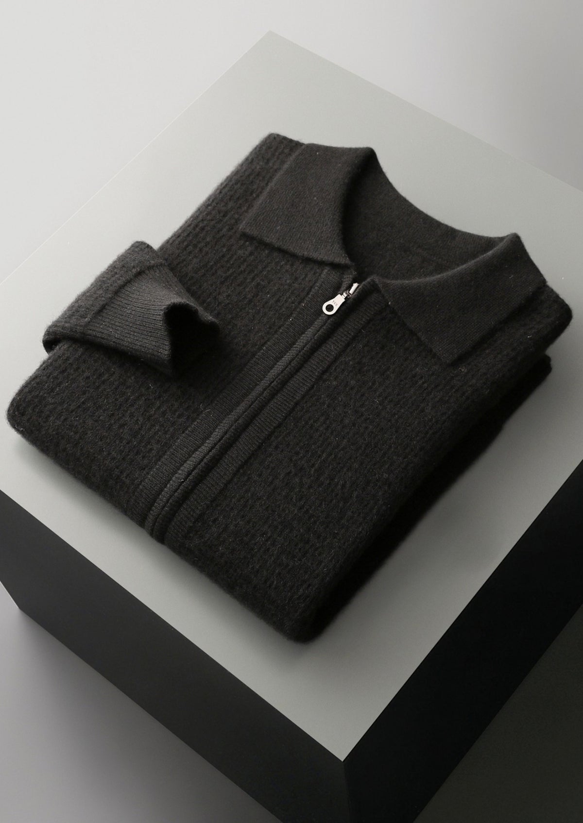 Pure Extra-Fine Merino Wool Textured Zip Polo Cardigan