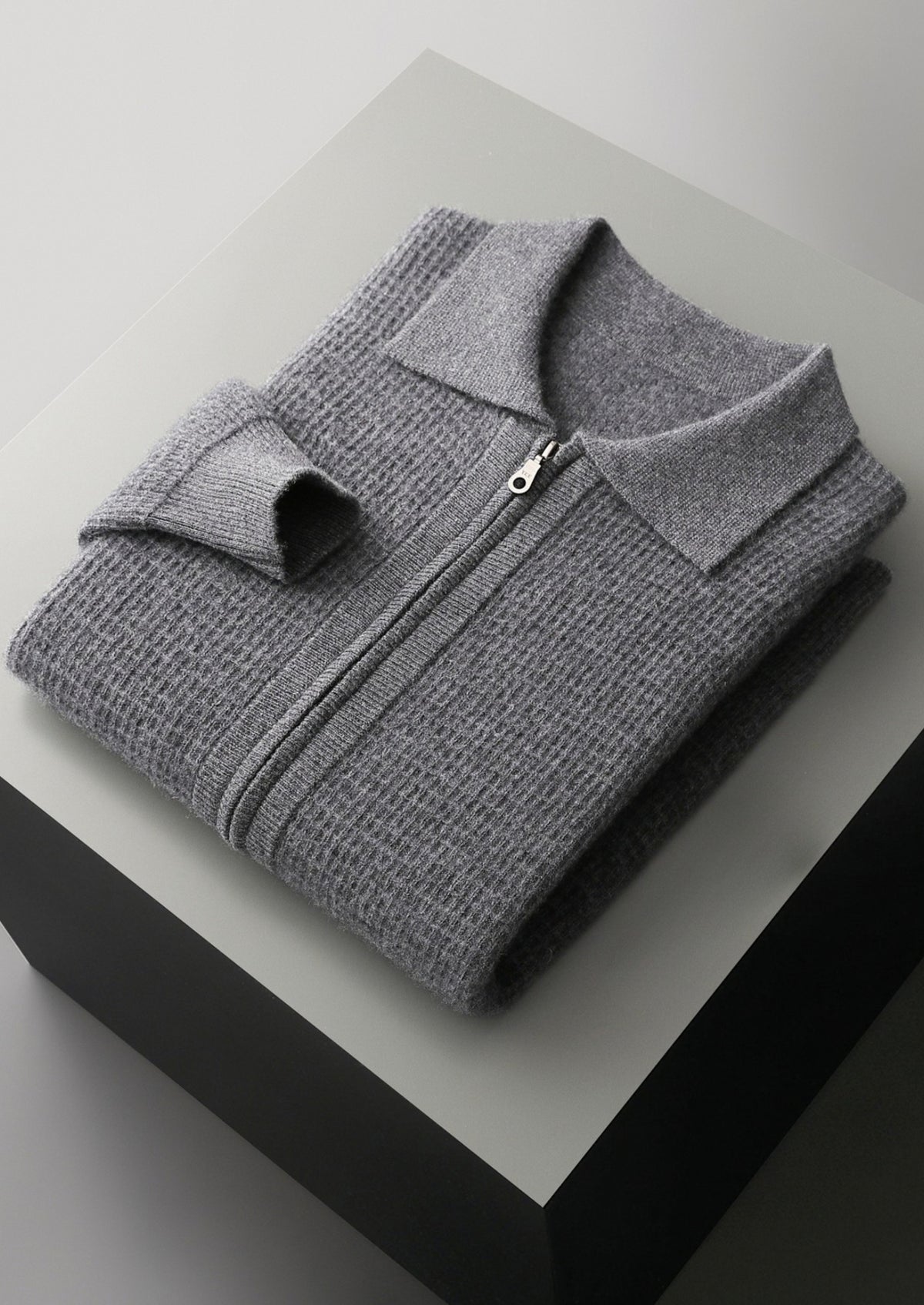 Pure Extra-Fine Merino Wool Textured Zip Polo Cardigan