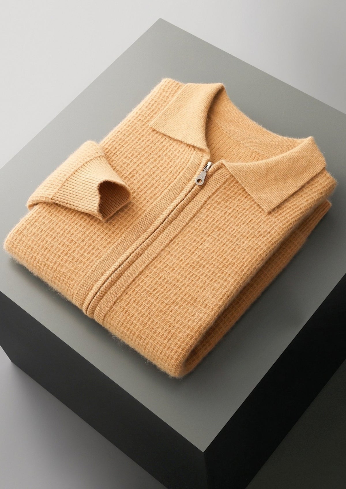 Pure Extra-Fine Merino Wool Textured Zip Polo Cardigan