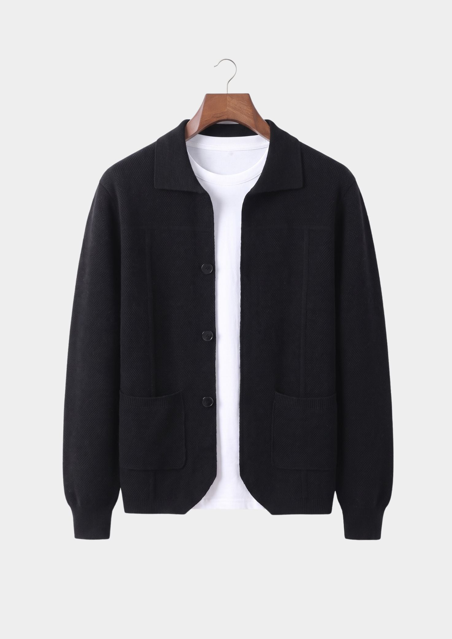 Pure Extra-Fine Merino Wool Black Button Overshirt