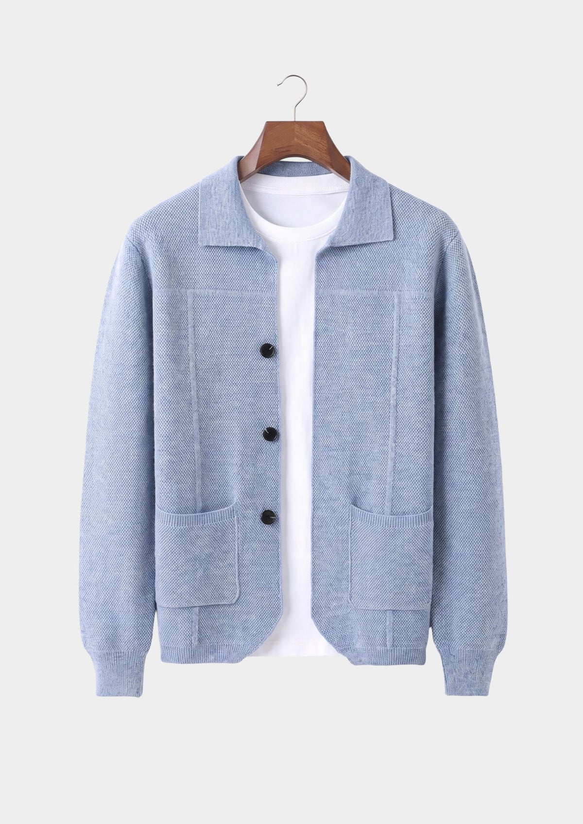 Pure Extra-Fine Merino Wool Light Blue Button Overshirt