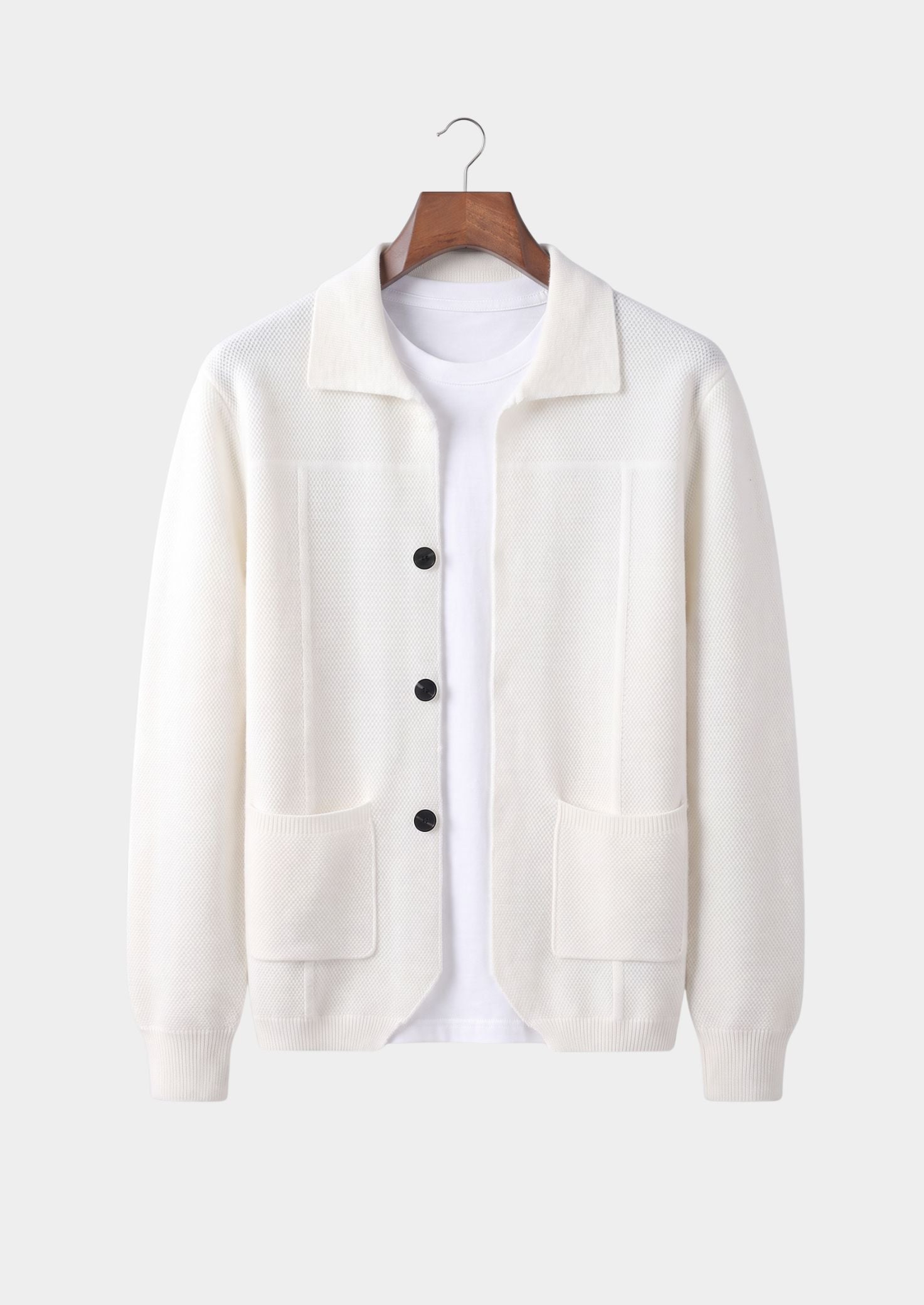 Pure Extra-Fine Merino Wool Ivory Button Overshirt